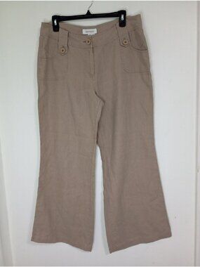 Vantarsi Womens Beige 100% Linen Wide Leg Cropped Pants Button Detail Size XL